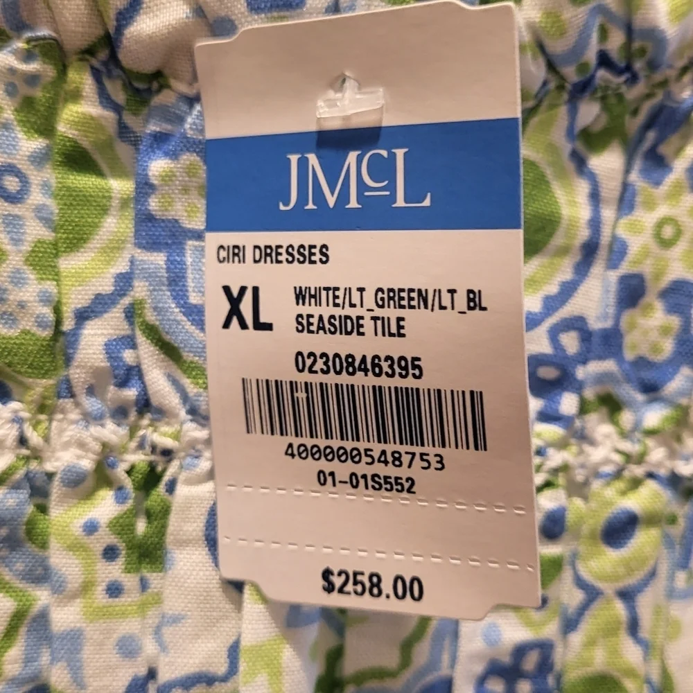 J. McLaughlin Ciri Smocked Maxi Dress Linen Cotton Seaside Tile Blue Green Sz XL - Picture 7 of 8